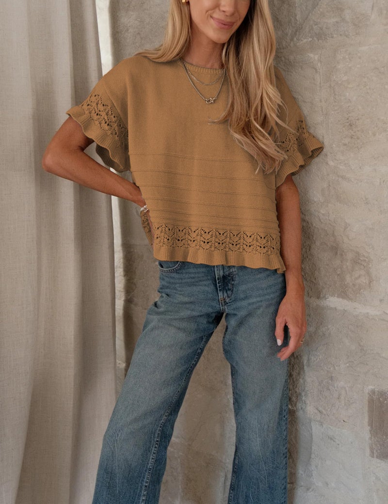 Yeokou Womens Short Sleeve Sweater Round Neck Ruffled Hem Knit Crochet Pullover Summer Fall Casual Top Blouse(Brown-XL) - Image 5